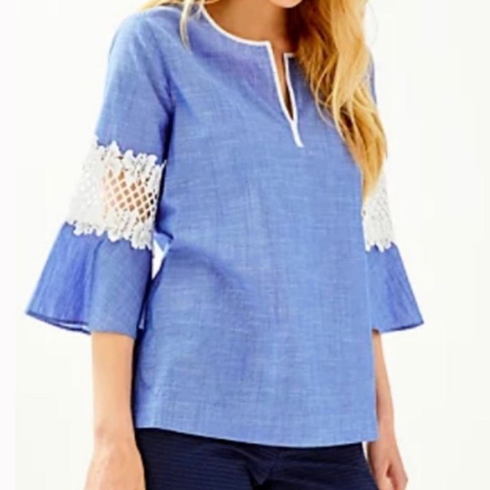 Lilly Pulitzer Chambray/ French Blue Tunic with Lace Bell Sleeves SZ S Used